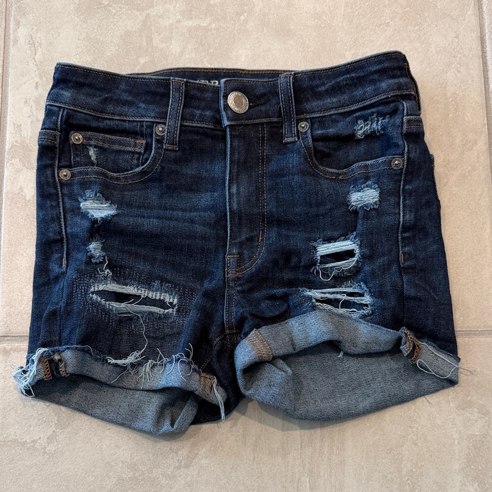 American Eagle Outfitters Dark Blue Distressed Denim Shorts